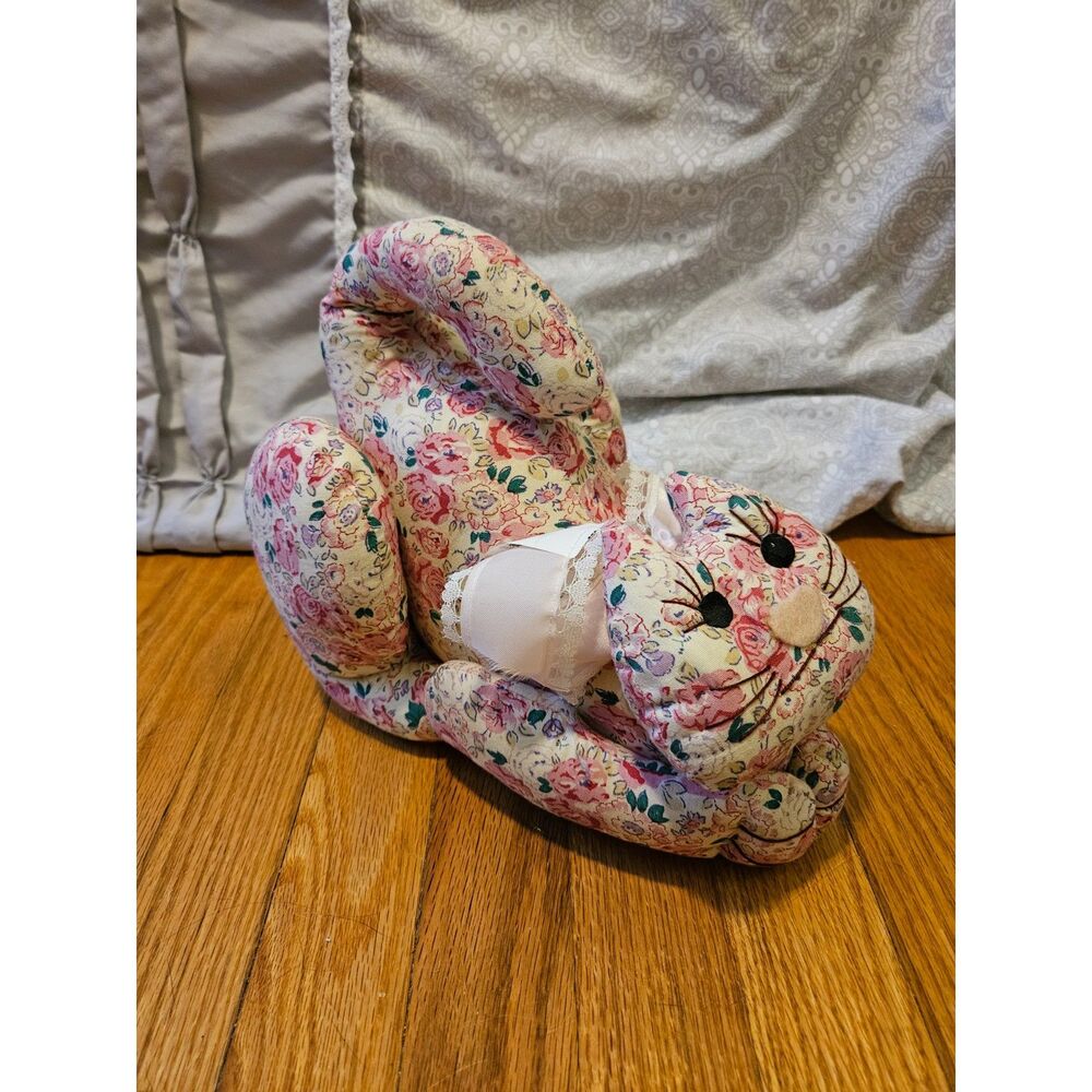 Vintage Style Pink Roses Floral Fabric Cat Door Stopper Ribbon Accent 11"x7"x 9"
